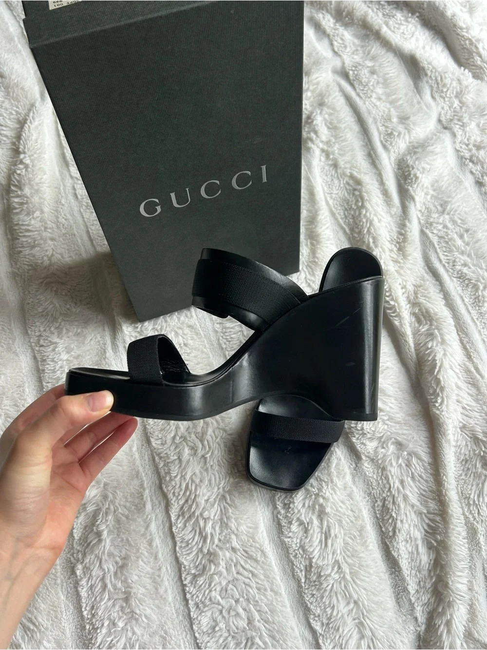 Gucci Black Leather Wedge Mules